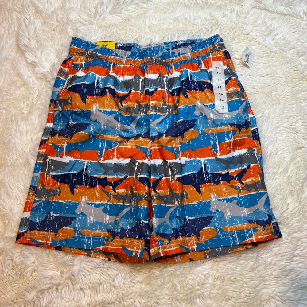 NWT 180 boys size 12 swim trunks colorful shark design mesh liner 6-1/2” inseam